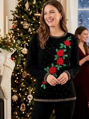 Vintage BP Design Beaded Embroidered Poinsettia Christmas Holiday Sweater Medium